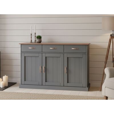 Dmora Buffet Mit 3 Türen Und 3 Schubladen, In Grau Lackierter Massiver Kiefer Mit Brauner Oberseite Und Oberflächen, 131x45x86 Cm Dmora Buffet Mit 3 Türen Und 3 Schubladen, In Grau Lackierter Massiver Kiefer Mit Brauner Oberseite Und Oberflächen, 131x45x86 Cm