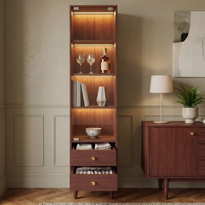 KELLANY Vitrinen-hochschrank Mit Led-beleuchtung, Moderner Bücherschrank Mit Glastür & 2 Schubladen, Sammlervitrine Aus Holz, Retro-stil Mit Goldenen Griffen-h165/b40/t35 Cm KELLANY Vitrinen-hochschrank Mit Led-beleuchtung, Moderner Bücherschrank Mit Glastür & 2 Schubladen, Sammlervitrine Aus Holz, Retro-stil Mit Goldenen Griffen-h165/b40/t35 Cm