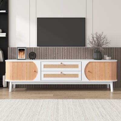 SANS MARQUE Tv-schrank-natürlicher Holz-blend Tv-schrank Mit Türen Und Schubladen. Tv-ständer Mit Rattanseiten. Aufbewahrungslösung, Natürlicher Landhausstil. – Unsere Rattan-tv-schränke Mit Türen Und Schubladen SANS MARQUE Tv-schrank-natürlicher Holz-blend Tv-schrank Mit Türen Und Schubladen. Tv-ständer Mit Rattanseiten. Aufbewahrungslösung, Natürlicher Landhausstil. – Unsere Rattan-tv-schränke Mit Türen Und Schubladen
