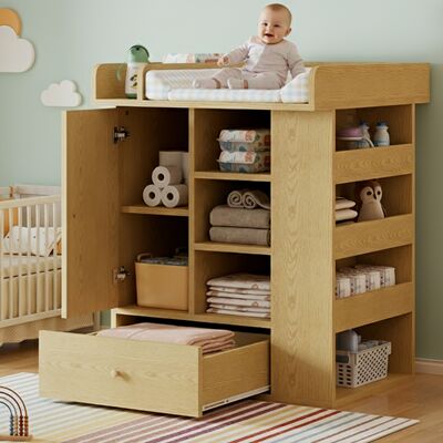 KELLANY Wickelkommode Naturfarben, Mit Schublade, Schrank & Stauraum, Handtuchhalter, Wickelplatz Mit Trennwänden, Natürliches Holzdesign KELLANY Wickelkommode Naturfarben, Mit Schublade, Schrank & Stauraum, Handtuchhalter, Wickelplatz Mit Trennwänden, Natürliches Holzdesign