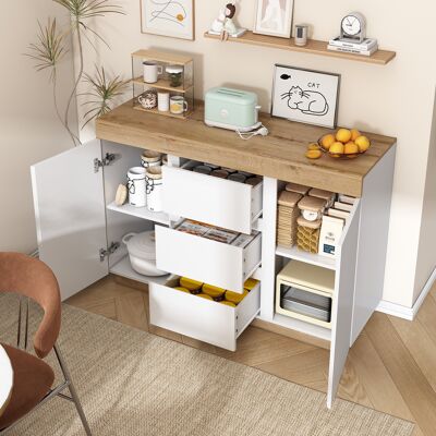 KELLANY Kommode Mit 3 Schubladen Und 2 Türen, Schließfach,funktion Von Aufbewahrung, Für Schlafzimmer Und Wohnzimmer, E1-spanplatte, Weiß+oak KELLANY Kommode Mit 3 Schubladen Und 2 Türen, Schließfach,funktion Von Aufbewahrung, Für Schlafzimmer Und Wohnzimmer, E1-spanplatte, Weiß+oak
