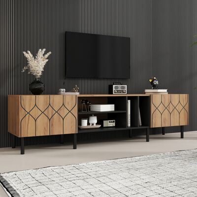 SANS MARQUE Tv-schrank Mit 2 Türen, 4offener Stauraum,modernes Lowboard Aus Spanplatte, Fernsehtisch Für Wohnzimmer, Für Fernseher Bis 70 Zoll, Naturholzfarbe + Schwarz,180×40×50 Cm – Mit Einer Großzügigen Gesamt SANS MARQUE Tv-schrank Mit 2 Türen, 4offener Stauraum,modernes Lowboard Aus Spanplatte, Fernsehtisch Für Wohnzimmer, Für Fernseher Bis 70 Zoll, Naturholzfarbe + Schwarz,180×40×50 Cm – Mit Einer Großzügigen Gesamt