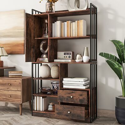 KELLANY Bücherregal, 6 Regal Bücherregal Mit Mit Türen Und Schubladen Boden Bis Zur Decke Bücherregal, Industrielle Bücherregal, Stahlregal, Antik Braun KELLANY Bücherregal, 6 Regal Bücherregal Mit Mit Türen Und Schubladen Boden Bis Zur Decke Bücherregal, Industrielle Bücherregal, Stahlregal, Antik Braun