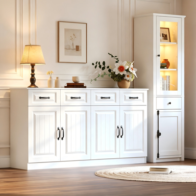 KELLANY Wohnzimmer-aufbewahrungsschrank + Vitrine Kombination, Beistellschrank, Weiß, Mdf, Zweiteiliges Set KELLANY Wohnzimmer-aufbewahrungsschrank + Vitrine Kombination, Beistellschrank, Weiß, Mdf, Zweiteiliges Set