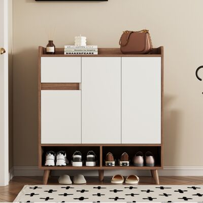COVREO Kommode 90x35x99 Cm Weiß/natur In Spanplatte Mit Verstellbaren Einlegeböden Und Massivholzbeinen COVREO Kommode 90x35x99 Cm Weiß/natur In Spanplatte Mit Verstellbaren Einlegeböden Und Massivholzbeinen