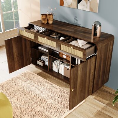 COVREO Sideboard 120x40x85 Cm Nussbaum Mdf Und Spanplatte Mit Rattanfronten, 3 Schubladen, Stauraum Und Verstellbaren Einlegeböden COVREO Sideboard 120x40x85 Cm Nussbaum Mdf Und Spanplatte Mit Rattanfronten, 3 Schubladen, Stauraum Und Verstellbaren Einlegeböden