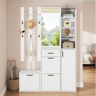 COVREO Garderobenschrank 120x30x178 Cm Weiß Aus Mdf Und Spanplatte Mit Spiegel, Schuhschränken, Schublade Und 6 Haken COVREO Garderobenschrank 120x30x178 Cm Weiß Aus Mdf Und Spanplatte Mit Spiegel, Schuhschränken, Schublade Und 6 Haken