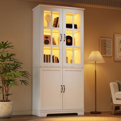 KELLANY Weiß Hochschrank Mit 2 Glasgittern Und 2 Volltüren, 80x38x180cm Bücherregal Mit 5 Etagen, Spanplatte, Landhaus-stil Vitrinenschrank Für Wohnzimmer & Küche KELLANY Weiß Hochschrank Mit 2 Glasgittern Und 2 Volltüren, 80x38x180cm Bücherregal Mit 5 Etagen, Spanplatte, Landhaus-stil Vitrinenschrank Für Wohnzimmer & Küche