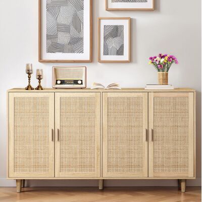 COVREO Aufbewahrungsschrank 158x40x88 Cm Natur Aus Spanplatte Und Massivholz Mit 4 Rattantüren Und Verstellbarem Einlegeboden COVREO Aufbewahrungsschrank 158x40x88 Cm Natur Aus Spanplatte Und Massivholz Mit 4 Rattantüren Und Verstellbarem Einlegeboden