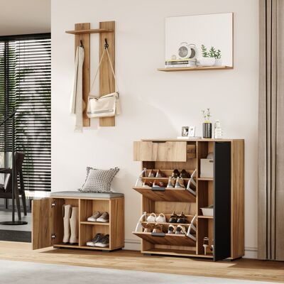 SANS MARQUE Flur-garderoben-set, Wandgarderobe Garderoben-set Mit Schuhbank Und Schuhschrank, 1 Spiegel, 1 Schublade, 2 Haken, 4 Türen, Naturfarben Und Black, B140× T35 × H139 Cm – Umfassende Funktionalität Diese SANS MARQUE Flur-garderoben-set, Wandgarderobe Garderoben-set Mit Schuhbank Und Schuhschrank, 1 Spiegel, 1 Schublade, 2 Haken, 4 Türen, Naturfarben Und Black, B140× T35 × H139 Cm – Umfassende Funktionalität Diese