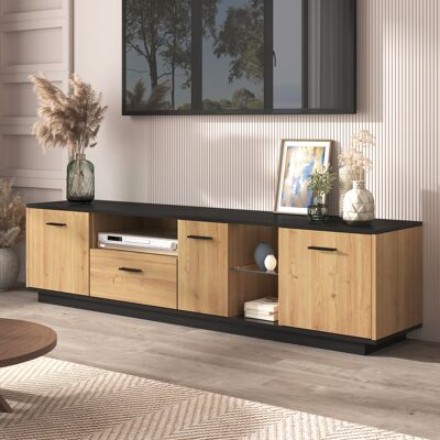 SANS MARQUE Tv-schrank Mit Einer Schublade, Drei Türen, Zwei Offene Fächer Mit Glas Tv-möbel, Tv-board, Tv-lowboard Feinstruktur. Schwarze Und Natürliche Holzfarben. 16 Variable Led-leuchten. – Drei Türen, Eine S SANS MARQUE Tv-schrank Mit Einer Schublade, Drei Türen, Zwei Offene Fächer Mit Glas Tv-möbel, Tv-board, Tv-lowboard Feinstruktur. Schwarze Und Natürliche Holzfarben. 16 Variable Led-leuchten. – Drei Türen, Eine S