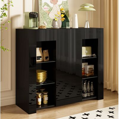COVREO Schwarzes Buffet 95x35x83 Cm Aus Spanplatte Mit Hochglanz-front, Glasregalen Und Tür Für Stilvolle Aufbewahrung COVREO Schwarzes Buffet 95x35x83 Cm Aus Spanplatte Mit Hochglanz-front, Glasregalen Und Tür Für Stilvolle Aufbewahrung