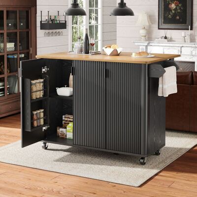 KELLANY Kücheninsel, Speisewagen Mit Holzmaserung, Buffet, 130x45(75)x92cm, Ausziehbarer Küchenwagen Auf Rädern Mit Handtuchhalter, Gewürzregal, Trennwände Verstellbar, 3 Türen, Weiß/schwarz KELLANY Kücheninsel, Speisewagen Mit Holzmaserung, Buffet, 130x45(75)x92cm, Ausziehbarer Küchenwagen Auf Rädern Mit Handtuchhalter, Gewürzregal, Trennwände Verstellbar, 3 Türen, Weiß/schwarz