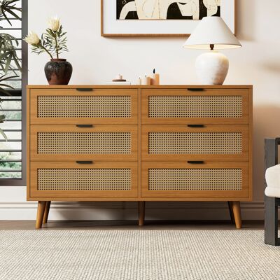 COVREO Kommode 120x40x76.5 Cm Walnuss Aus Spanplatte Und Massivholz Mit 6 Schubladen Und Rattan-design COVREO Kommode 120x40x76.5 Cm Walnuss Aus Spanplatte Und Massivholz Mit 6 Schubladen Und Rattan-design