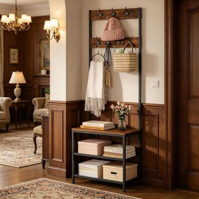 COVREO Garderobenständer 60x31.5x170 Cm Rustikal Braun Aus Metall Und Holz Mit Schuhregal Und Sitzbank COVREO Garderobenständer 60x31.5x170 Cm Rustikal Braun Aus Metall Und Holz Mit Schuhregal Und Sitzbank