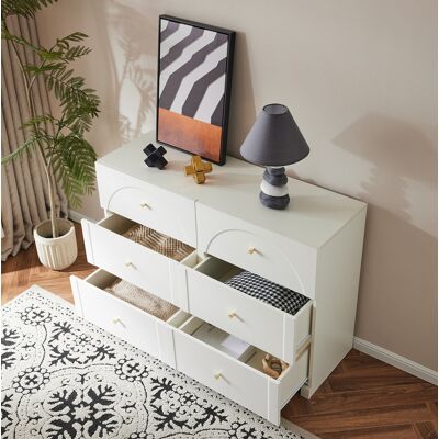 COVREO Kommode 82x120x40 Cm Weiß Aus Spanplatte Mit 6 Schubladen, Romantischem Design, Metallgriffen Und Kippsicherung COVREO Kommode 82x120x40 Cm Weiß Aus Spanplatte Mit 6 Schubladen, Romantischem Design, Metallgriffen Und Kippsicherung