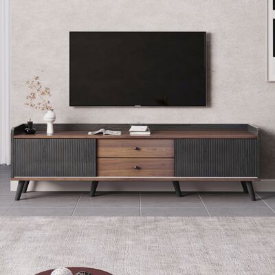 SANS MARQUE Tv-schrank Mit Zwei Schubladen, Fernsehtisch Tv Board, Tv- Lowboard Niedrige Platte Mit Zwei Schiebetüren. Schwarz Und Natürliches Holzfarbe. H58/l160/t40 Cm – Zwei Gestreifte Schiebetüren Auf Beiden SANS MARQUE Tv-schrank Mit Zwei Schubladen, Fernsehtisch Tv Board, Tv- Lowboard Niedrige Platte Mit Zwei Schiebetüren. Schwarz Und Natürliches Holzfarbe. H58/l160/t40 Cm – Zwei Gestreifte Schiebetüren Auf Beiden