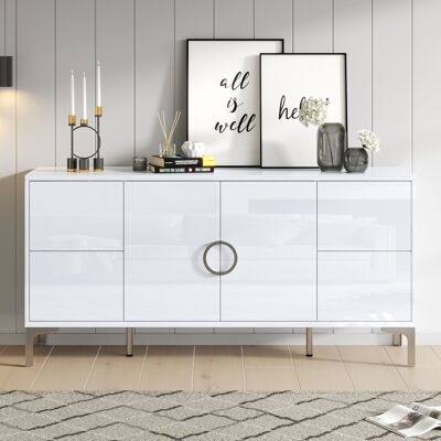 SANS MARQUE 1503859.5cm Beistellschrank, Wohnzimmerschrank Mit 4 Schubladen, 2 Schranktüren, Esszimmerschrank, Hochglanz Sideboard, Ein Kommode Mit Metallstützfüße, Breite Grifflose Schließfächer, Weiß, Mdf – Die SANS MARQUE 1503859.5cm Beistellschrank, Wohnzimmerschrank Mit 4 Schubladen, 2 Schranktüren, Esszimmerschrank, Hochglanz Sideboard, Ein Kommode Mit Metallstützfüße, Breite Grifflose Schließfächer, Weiß, Mdf – Die
