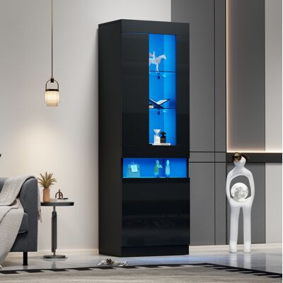 COVREO Vitrine 50x40x180 Cm Schwarz Aus Spanplatte Mit Led-beleuchtung Und Stauraum COVREO Vitrine 50x40x180 Cm Schwarz Aus Spanplatte Mit Led-beleuchtung Und Stauraum