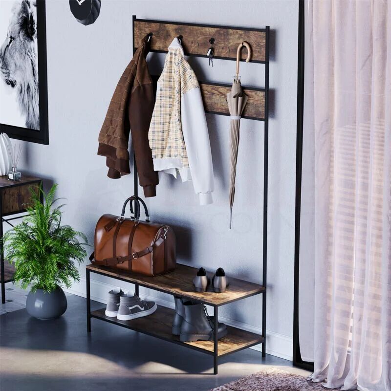 HOME DISCOUNT Brooklyn Industrial Coat Rack Stand Hall Tree Flur Schuhablage Bank Regale Haken, Dunkles Holz