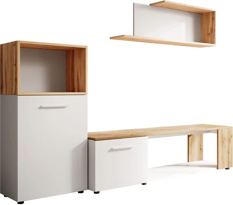 MB MOEBEL Wohnwand Mediawand Möbel tv TV-Schrank Wohnzimmer Wohnmöbel Anbauwand Modell Rocio Weiss und Eiche Farbe (2,9m)