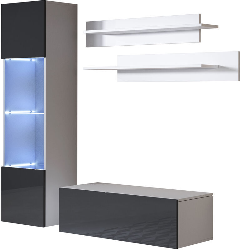 MUEBLES BONITOS Wohnwand mit led Mediawand Möbel tv TV-Schrank Wohnzimmer Wohnmöbel Anbauwand Möbelkombination Hängend 160cm Weiß mit Schwarz Glanz Luke 3C