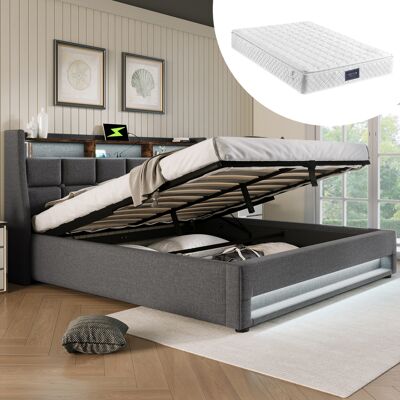 SANS MARQUE Polsterbett – Aus Leinen – 620 Federn Und – Modernes Design Im Vintage-look – Led-beleuchtung: Die Led-beleuchtung – Ladestation Mit Usb-anschluss SANS MARQUE Polsterbett – Aus Leinen – 620 Federn Und – Modernes Design Im Vintage-look – Led-beleuchtung: Die Led-beleuchtung – Ladestation Mit Usb-anschluss