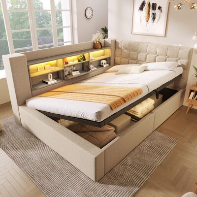 SANS MARQUE Polsterbett Doppelbett – 213x158x86 Cm – 56.5 Kg – Aus Leinen – Led-beleuchtung Und Ladeanschlüsse – Flexible L-förmige Konstruktion – Modell B SANS MARQUE Polsterbett Doppelbett – 213x158x86 Cm – 56.5 Kg – Aus Leinen – Led-beleuchtung Und Ladeanschlüsse – Flexible L-förmige Konstruktion – Modell B