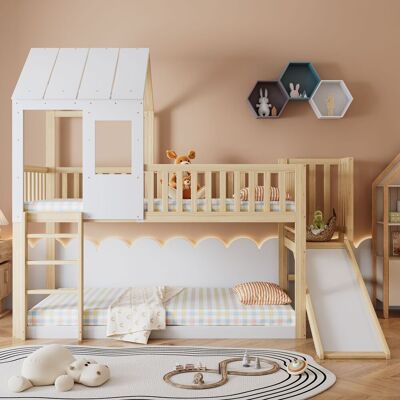 SANS MARQUE Etagenbett Mit Rechtwinkliger Leiter Und Rutsche, Hausbett Mit Dach Und Fenster, Kinderbett Mit Fallschutz Und Gitter, Rahmen Aus Kiefer, Natur+weiß (90x200cm) SANS MARQUE Etagenbett Mit Rechtwinkliger Leiter Und Rutsche, Hausbett Mit Dach Und Fenster, Kinderbett Mit Fallschutz Und Gitter, Rahmen Aus Kiefer, Natur+weiß (90x200cm)
