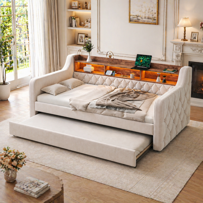 KELLANY Platzsparendes Sofa-bett 90x190 Cm Aus Samt Mit Stauraum, Led-ambiente & Usb-c-anschluss, 12 Lattenroste & Stabiler Metall-holz-rahmen – Für Schlafzimmer, Gästezimmer Oder Jugendzim.beige KELLANY Platzsparendes Sofa-bett 90x190 Cm Aus Samt Mit Stauraum, Led-ambiente & Usb-c-anschluss, 12 Lattenroste & Stabiler Metall-holz-rahmen – Für Schlafzimmer, Gästezimmer Oder Jugendzim.beige