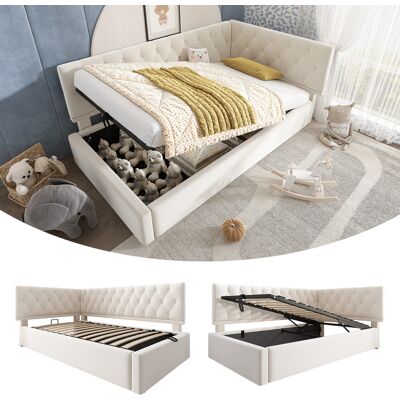 KELLANY Polsterbett Tagesbett Daybett 90x190cm, Schlafsofa Mit Hydraulischem Stauraum, Kinderbett Jugendbett Bettgestell Mit Lattenrost Aus Holz, Samt, Beige, Ohne Matratze. KELLANY Polsterbett Tagesbett Daybett 90x190cm, Schlafsofa Mit Hydraulischem Stauraum, Kinderbett Jugendbett Bettgestell Mit Lattenrost Aus Holz, Samt, Beige, Ohne Matratze.