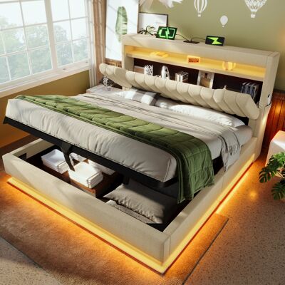 SANS MARQUE Polsterbett Doppelbett – 218x162x112 Cm – 57 Kg – Aus Leinen – Beige – 160x200 Cm Polsterbett Doppelbett – Mit Hydraulischem Stauraum SANS MARQUE Polsterbett Doppelbett – 218x162x112 Cm – 57 Kg – Aus Leinen – Beige – 160x200 Cm Polsterbett Doppelbett – Mit Hydraulischem Stauraum