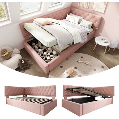 KELLANY Polsterbett Tagesbett Daybett 90x190cm, Schlafsofa Mit Hydraulischem Stauraum, Kinderbett Jugendbett Bettgestell Mit Lattenrost Aus Holz, Samt, Rosa, Ohne Matratze. KELLANY Polsterbett Tagesbett Daybett 90x190cm, Schlafsofa Mit Hydraulischem Stauraum, Kinderbett Jugendbett Bettgestell Mit Lattenrost Aus Holz, Samt, Rosa, Ohne Matratze.