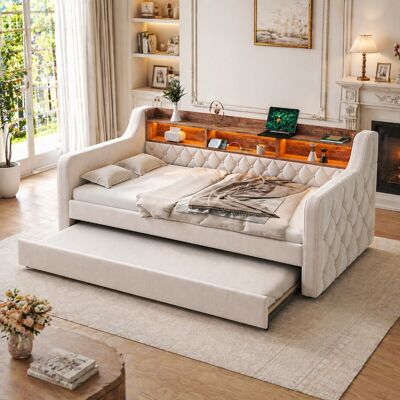 ROPILLY Sofa-bett 90x190 Cm Ausziehbar Mit Stauraum Und Regal, Modernes Samt Ausziehbett In Beige Mit Led-beleuchtung & Usb-anschluss Für Gästezimmer ROPILLY Sofa-bett 90x190 Cm Ausziehbar Mit Stauraum Und Regal, Modernes Samt Ausziehbett In Beige Mit Led-beleuchtung & Usb-anschluss Für Gästezimmer