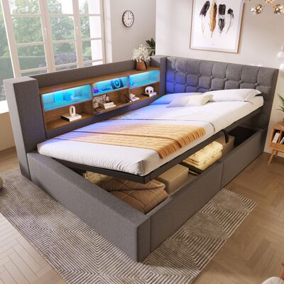 SANS MARQUE Polsterbett Doppelbett – 213x158x86 Cm – 56.5 Kg – Aus Leinen – Led-beleuchtung Und Ladeanschlüsse – Flexible L-förmige Konstruktion SANS MARQUE Polsterbett Doppelbett – 213x158x86 Cm – 56.5 Kg – Aus Leinen – Led-beleuchtung Und Ladeanschlüsse – Flexible L-förmige Konstruktion