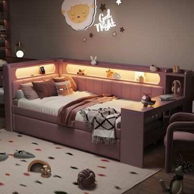 OEM Polster-daybed 90x200 Cm, Rosa, Led, Usb, Ausziehbett 90x190, Integrierter Schreibtisch OEM Polster-daybed 90x200 Cm, Rosa, Led, Usb, Ausziehbett 90x190, Integrierter Schreibtisch