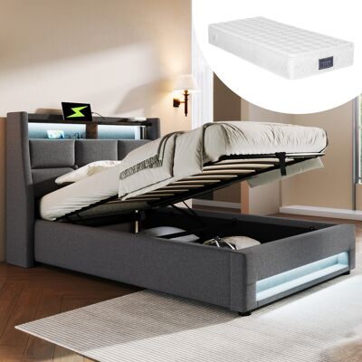SANS MARQUE Polsterbett – Aus Leinen – 406 Federn Und – Modernes Design Im Vintage-look – Led-beleuchtung: Die Led-beleuchtung – Ladestation Mit Usb-anschluss SANS MARQUE Polsterbett – Aus Leinen – 406 Federn Und – Modernes Design Im Vintage-look – Led-beleuchtung: Die Led-beleuchtung – Ladestation Mit Usb-anschluss