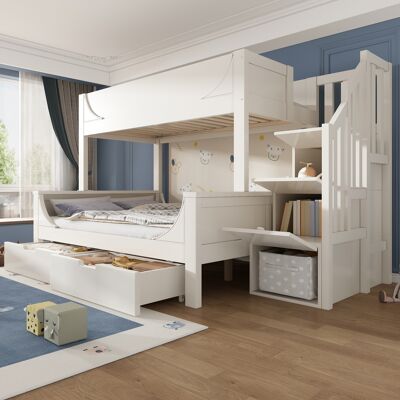 SANS MARQUE Kinderbett Etagenbett – 253x148x150 Cm – 108 Kg – Aus Metall – Weiß – Ideal Für Geschwister Oder Eltern – Mit Leiterschrank Und Schubladen SANS MARQUE Kinderbett Etagenbett – 253x148x150 Cm – 108 Kg – Aus Metall – Weiß – Ideal Für Geschwister Oder Eltern – Mit Leiterschrank Und Schubladen