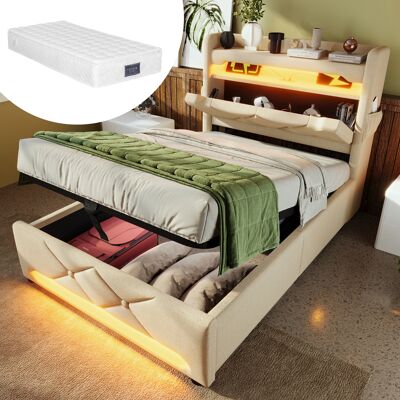 SANS MARQUE Polsterbett Einzelbett – 63,6 Kg, Aus Leinen, 406 Federn , Beige – 225×96×111 Cm – Betten Mit Hydraulisch Stauraum SANS MARQUE Polsterbett Einzelbett – 63,6 Kg, Aus Leinen, 406 Federn , Beige – 225×96×111 Cm – Betten Mit Hydraulisch Stauraum