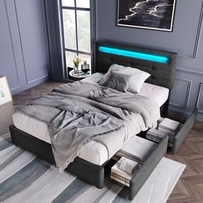 SANS MARQUE Bettgestell Mit Led-beleuchtung Und 2 Schubladen, Einzelbett Polsterbett 90x200cm, Höhenverstellbarem Kopfteil, Lattenrost Aus Holz, Grau (ohne Matratze) SANS MARQUE Bettgestell Mit Led-beleuchtung Und 2 Schubladen, Einzelbett Polsterbett 90x200cm, Höhenverstellbarem Kopfteil, Lattenrost Aus Holz, Grau (ohne Matratze)