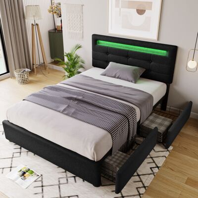 SANS MARQUE Bettgestell Mit Led-beleuchtung Und 2 Schubladen, Einzelbett Polsterbett 90x200cm, Höhenverstellbarem Kopfteil, Lattenrost Aus Holz, Schwarz (ohne Matratze) SANS MARQUE Bettgestell Mit Led-beleuchtung Und 2 Schubladen, Einzelbett Polsterbett 90x200cm, Höhenverstellbarem Kopfteil, Lattenrost Aus Holz, Schwarz (ohne Matratze)