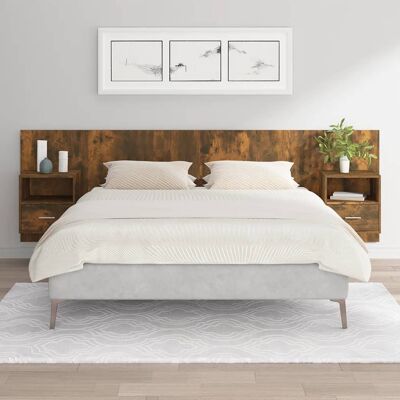 vidaXL Bett Kopfteil mit Schränken Rauch Eiche Wandmontage vidaXL Bett Kopfteil mit Schränken Rauch Eiche Wandmontage