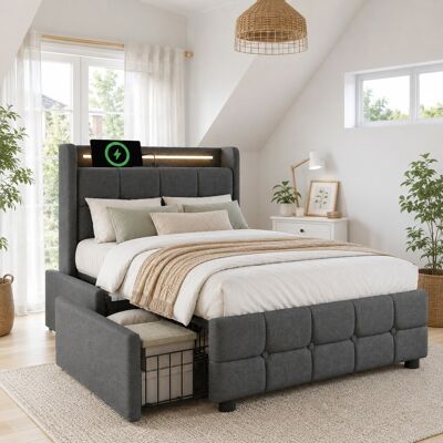 SANS MARQUE Polsterbett – 220x94,5x103,5 Cm – 34.5 Kg – Aus Holz – Mit 2 Schubladen – Kopfteil Mit Steckdosen Und Usb-anschlüssen – Speicherdesign: Das Einzelbett SANS MARQUE Polsterbett – 220x94,5x103,5 Cm – 34.5 Kg – Aus Holz – Mit 2 Schubladen – Kopfteil Mit Steckdosen Und Usb-anschlüssen – Speicherdesign: Das Einzelbett