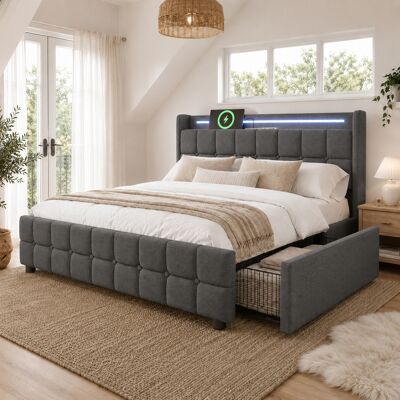 SANS MARQUE Polsterbett – 220x144,5x103,5 Cm – 46.1 Kg – Aus Holz – Mit 4 Schubladen – Kopfteil Mit Steckdosen Und Usb-anschlüssen – Speicherdesign: Das Bett SANS MARQUE Polsterbett – 220x144,5x103,5 Cm – 46.1 Kg – Aus Holz – Mit 4 Schubladen – Kopfteil Mit Steckdosen Und Usb-anschlüssen – Speicherdesign: Das Bett