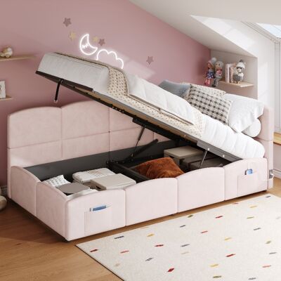 ROPILLY Polsterbett 90x200 Cm Mit Hydraulischem Stauraum Und Usb-anschluss, Schlafsofa Jugendbett Aus Samt Mit Lattenrost Und Seitentaschen, Rosa ROPILLY Polsterbett 90x200 Cm Mit Hydraulischem Stauraum Und Usb-anschluss, Schlafsofa Jugendbett Aus Samt Mit Lattenrost Und Seitentaschen, Rosa