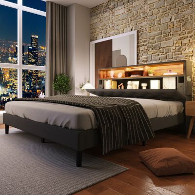 SANS MARQUE Polsterbett Doppelbett Stauraum-kopfteil Bett Mit Led-beleuchtung Bettgestell Lattenrost Aus Holz,140200cm Grau(ohne Matratze) SANS MARQUE Polsterbett Doppelbett Stauraum-kopfteil Bett Mit Led-beleuchtung Bettgestell Lattenrost Aus Holz,140200cm Grau(ohne Matratze)
