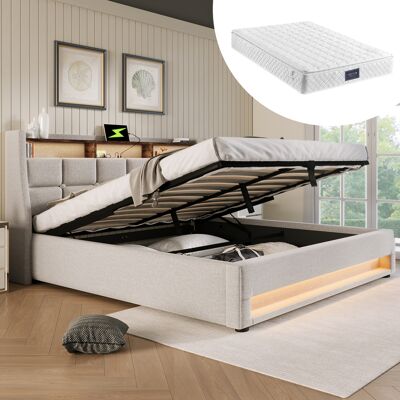 SANS MARQUE Polsterbett – Aus Leinen – 620 Federn Und – Modernes Design Im Vintage-look – Led-beleuchtung: Die Led-beleuchtung – Ladestation Mit SANS MARQUE Polsterbett – Aus Leinen – 620 Federn Und – Modernes Design Im Vintage-look – Led-beleuchtung: Die Led-beleuchtung – Ladestation Mit