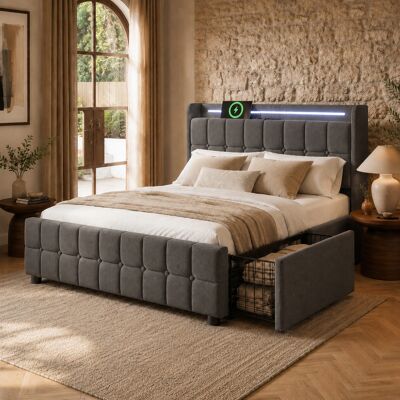 SANS MARQUE Polsterbett – 220x164,5x103,5 Cm – 47.8 Kg – Aus Holz – Mit 4 Schubladen – Kopfteil Mit Steckdosen Und Usb-anschlüssen – Speicherdesign: Das Bett SANS MARQUE Polsterbett – 220x164,5x103,5 Cm – 47.8 Kg – Aus Holz – Mit 4 Schubladen – Kopfteil Mit Steckdosen Und Usb-anschlüssen – Speicherdesign: Das Bett