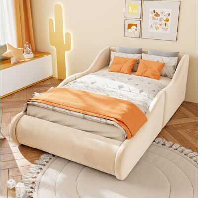MEUBLIV Polsterbett Kinderbett 90200 Weiches Samtbett Mit Hohem Kopfteil Und Seitenschutzgittern, Integrierte Matratze, Elegantes Beiges, Modernes Einzelbett MEUBLIV Polsterbett Kinderbett 90200 Weiches Samtbett Mit Hohem Kopfteil Und Seitenschutzgittern, Integrierte Matratze, Elegantes Beiges, Modernes Einzelbett