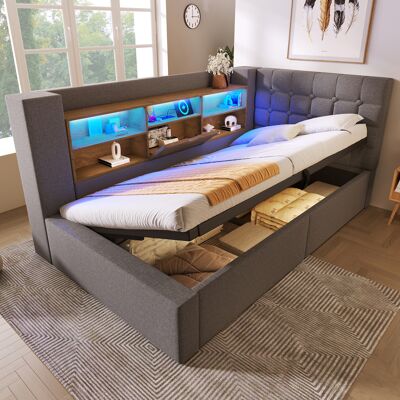 SANS MARQUE Polsterbett Einzelbett – 203x108x86 Cm – 50.4 Kg – Aus Leinen – Led-beleuchtung Und Ladeanschlüsse – Flexible L-förmige Konstruktion SANS MARQUE Polsterbett Einzelbett – 203x108x86 Cm – 50.4 Kg – Aus Leinen – Led-beleuchtung Und Ladeanschlüsse – Flexible L-förmige Konstruktion